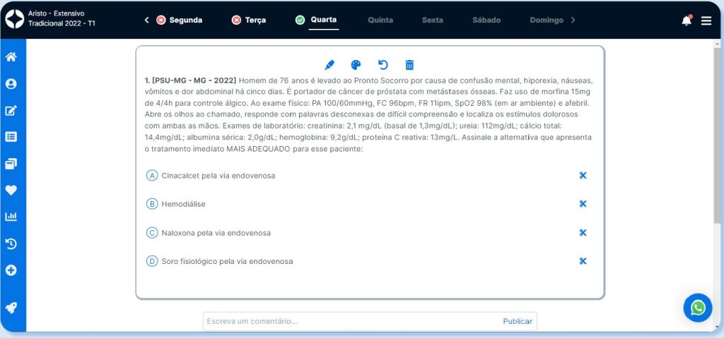 Interface da plataforma Aristo, questão sobre distúrbios hidroeletrolíticos do PSU-MG 2022.
