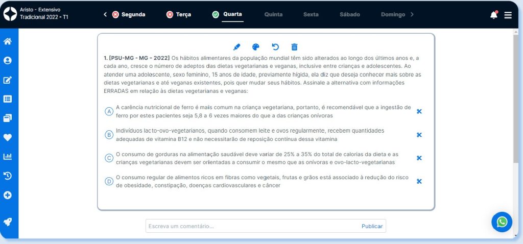 Interface da plataforma Aristo, questão sobre deficiência e excesso de vitaminas do PSU-MG 2022.