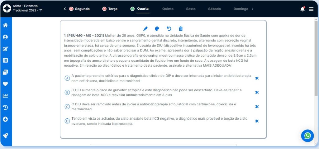 Interface da plataforma Aristo, questão sobre infecções sexualmente transmissíveis do PSU-MG 2021.