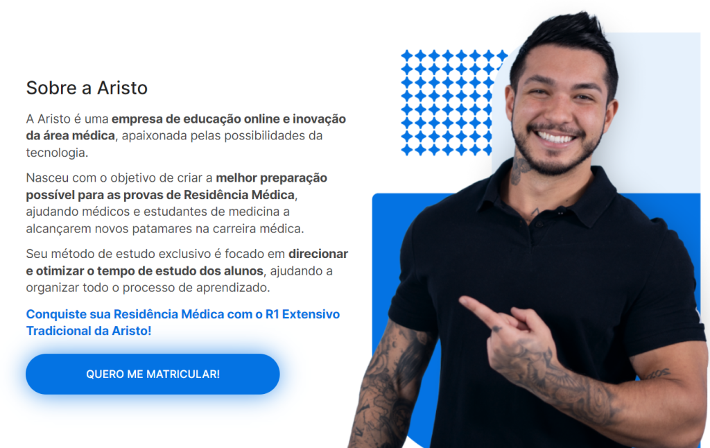 Imagem com as informações sobre a história da Aristo com o Barreto vestido de preto e apontando para o lado direito dele